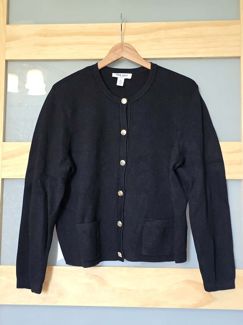 Nine West Black Classy Academia Button-Front Cardigan Sweater With Gold Buttons